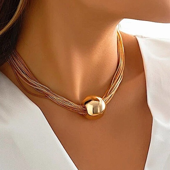Gold 18K GP Multi Layered Chain Ball Necklace - Picture 2 of 7